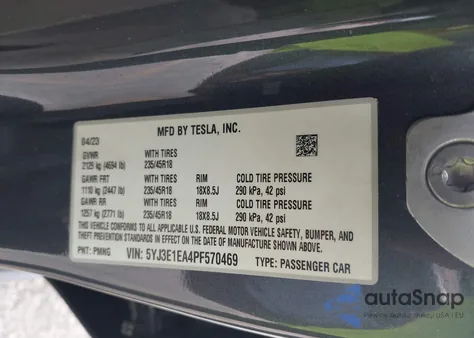 2023 Tesla Model 3 Rear-Wheel Drive from USA, damaged, VIN 5YJ3E1EA4PF570469